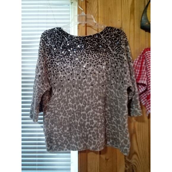 CHICOS Sz 2 EMBELLESHED Black SEQUIN Beige ANIMAL PRINT 3 BUTTON FRONT Sweater - Picture 5 of 6